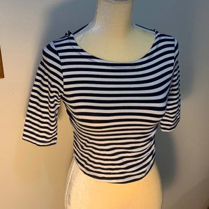 LUCCA COUTURE NAVY STRIPE CROP TOP ELBOW SLEEVE